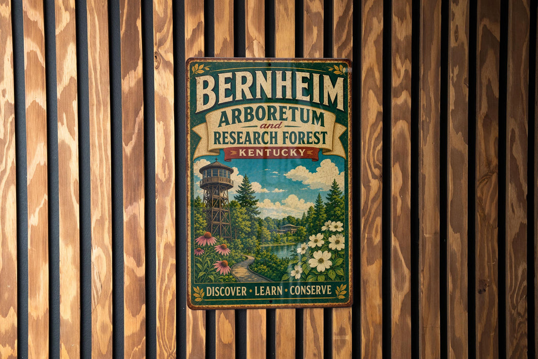 A vintage-style metal sign for the Bernheim Arboretum and Research Forest in Kentucky, featuring a scenic landscape with a tower and flowers.