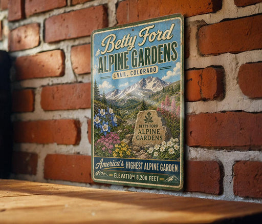 A vintage-style metal sign for Betty Ford Alpine Gardens in Colorado, featuring a mountain landscape with flowers and text indicating the location as the "America's Highest Alpine Garden".
