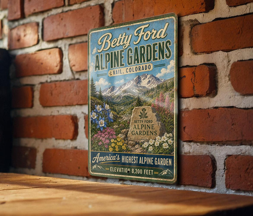 A vintage-style metal sign for Betty Ford Alpine Gardens in Colorado, featuring a mountain landscape with flowers and text indicating the location as the "America's Highest Alpine Garden".