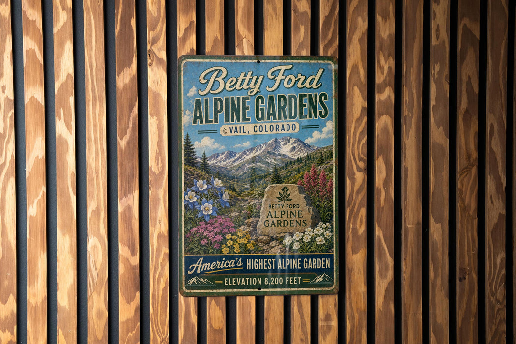 A vintage-style metal sign for Betty Ford Alpine Gardens in Colorado, featuring a mountain landscape and colorful flowers.