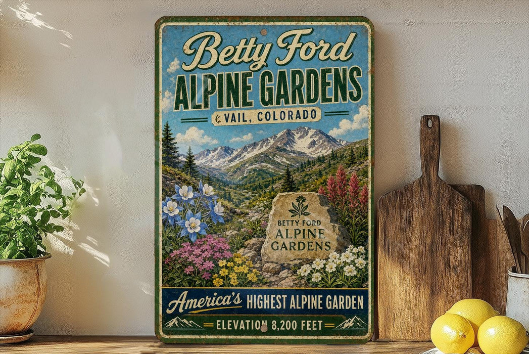A vintage-style metal sign advertising Betty Ford Alpine Gardens in Colorado, featuring a mountain landscape with flowers and a wooden cutting board.