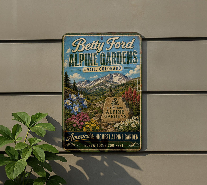 A vintage-style metal sign for Betty Ford Alpine Gardens in Colorado, featuring a scenic mountain landscape with flowers and plants.