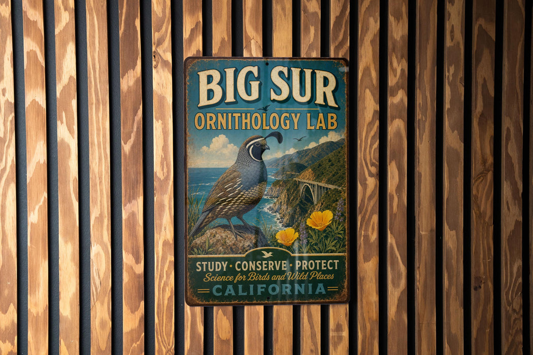 A vintage metal sign for the Big Sur Ornithology Lab, featuring a bird and a scenic landscape, mounted on a wooden wall.