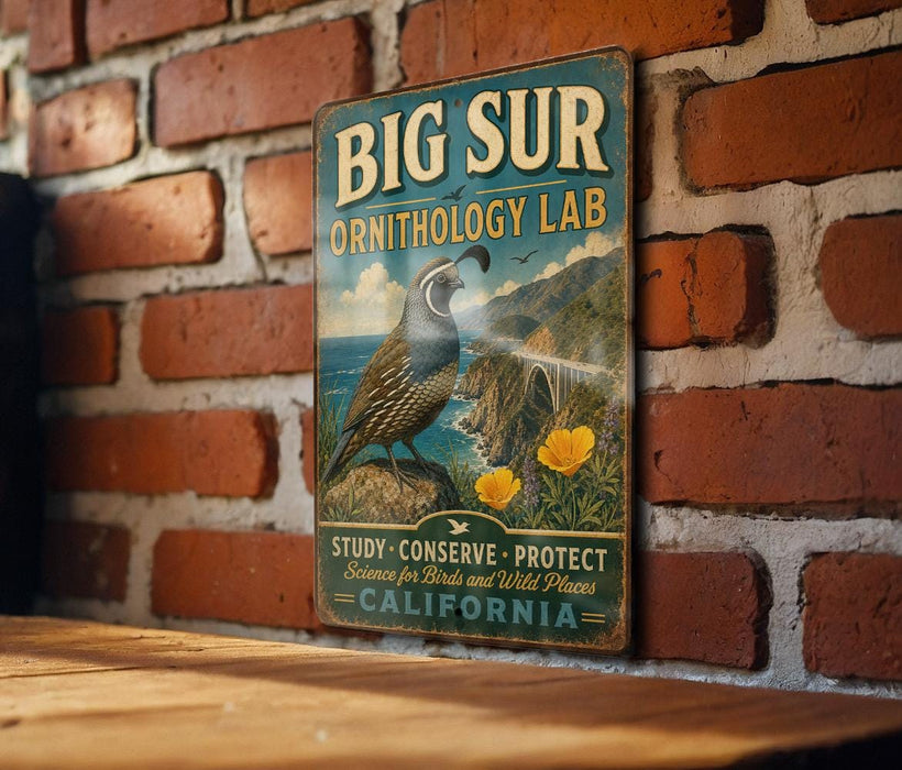A vintage-style metal sign for the Big Sur Ornithology Lab, featuring a bird and text promoting the lab's mission to study, conserve, and protect California's birds and wild places.