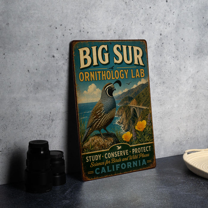 A vintage-style metal sign for the Big Sur Ornithology Lab, featuring a bird and text promoting the lab's mission to conserve, protect, and study birds and wild places in California.