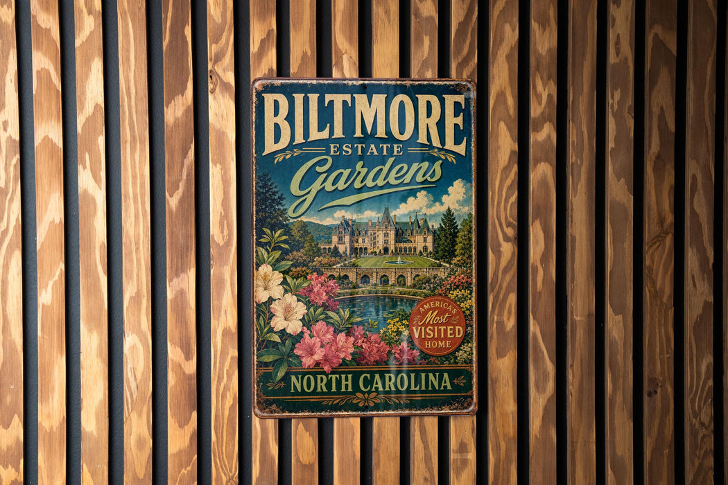 A vintage metal sign for Biltmore Estate Gardens in North Carolina, featuring a castle and garden scene.