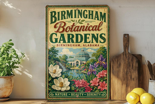 A vintage-style sign for the Birmingham Botanical Gardens in Birmingham, Alabama, featuring a garden scene with a greenhouse and flowers.