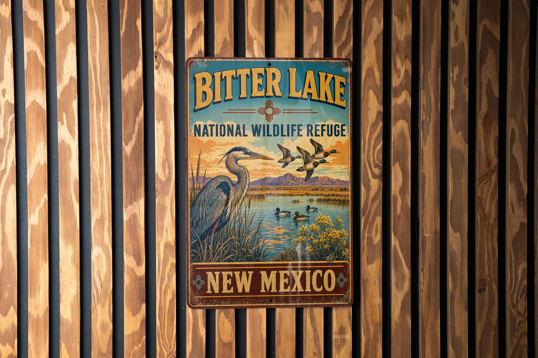 A vintage metal sign for the Bitter Lake National Wildlife Refuge in New Mexico, featuring an illustration of a heron and ducks in a lake.