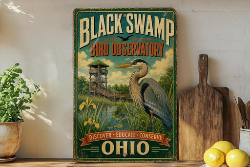 a vintage-style sign for the Black Swamp Bird Observatory, which is located in Ohio. The sign is displayed on a wooden shelf, surrounded by various kitchen utensils and a potted plant.