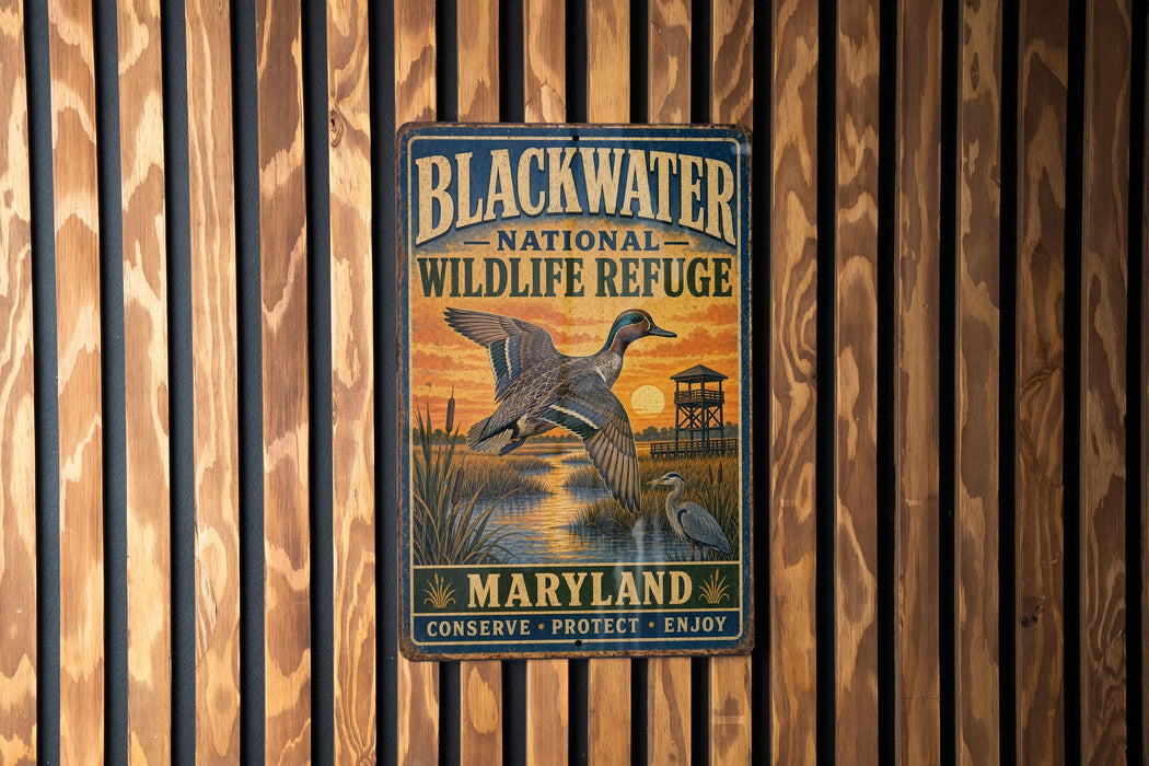 A metal sign for the Blackwater National Wildlife Refuge in Maryland, featuring an illustration of a bird in flight over a marshy area with a sunset in the background.