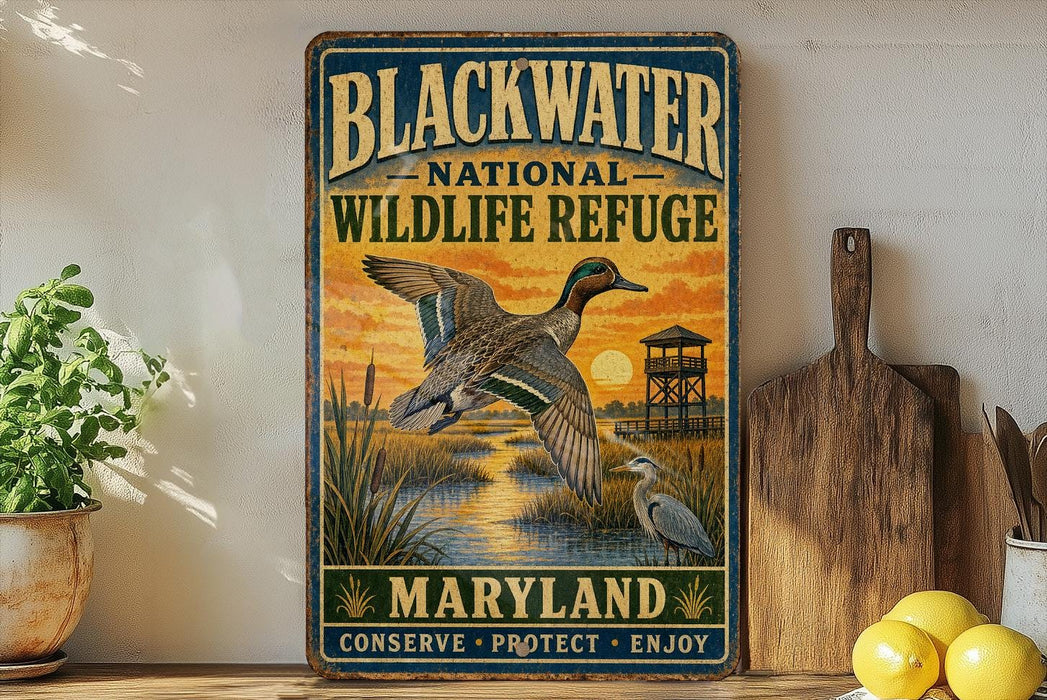 A vintage-style metal sign for the Blackwater National Wildlife Refuge in Maryland, featuring an illustration of a duck flying over a marshy area with a sunset in the background.