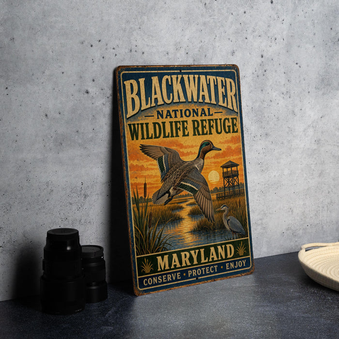 A vintage-style metal sign for the Blackwater National Wildlife Refuge in Maryland, featuring an illustration of a duck flying over a marshy area with a sunset in the background.