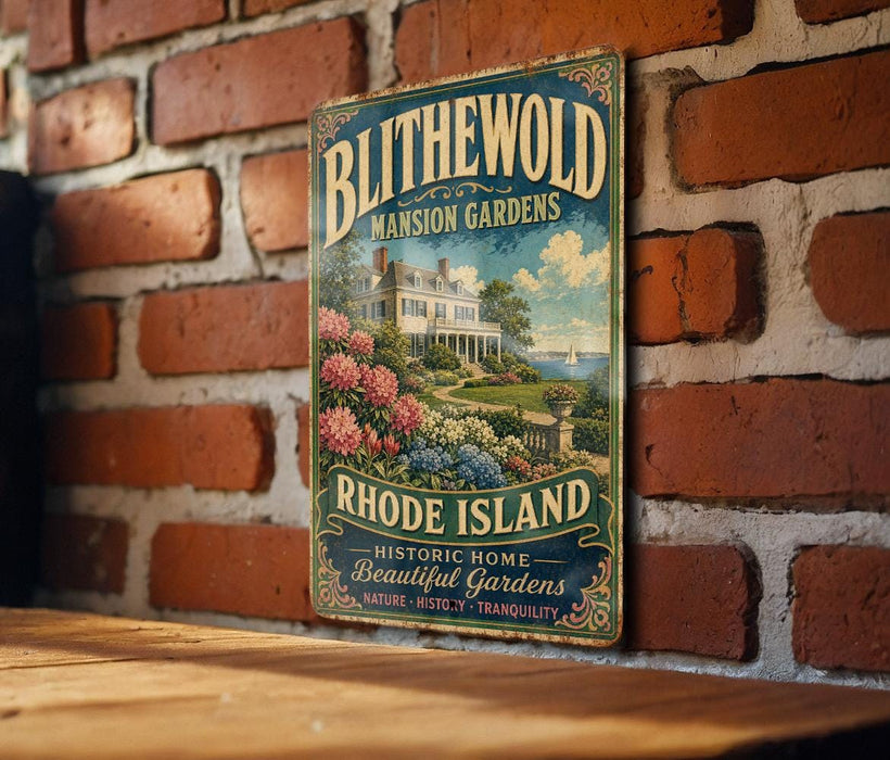 A vintage-style metal sign for Blitchewold Mansion Gardens in Rhode Island, featuring a large house surrounded by lush gardens and flowers.