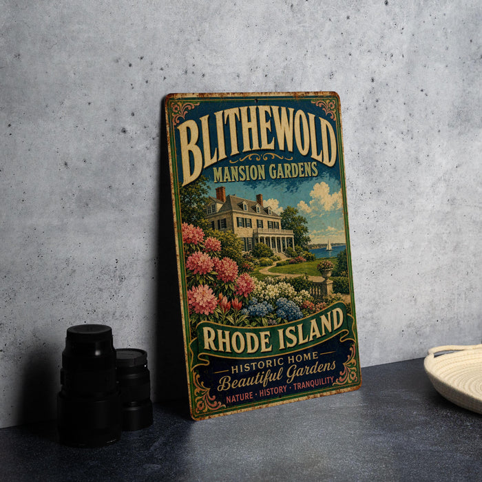 A vintage-style metal sign for Blithenwold mansion gardens in Rhode Island, featuring a large house surrounded by colorful flowers and lush greenery.