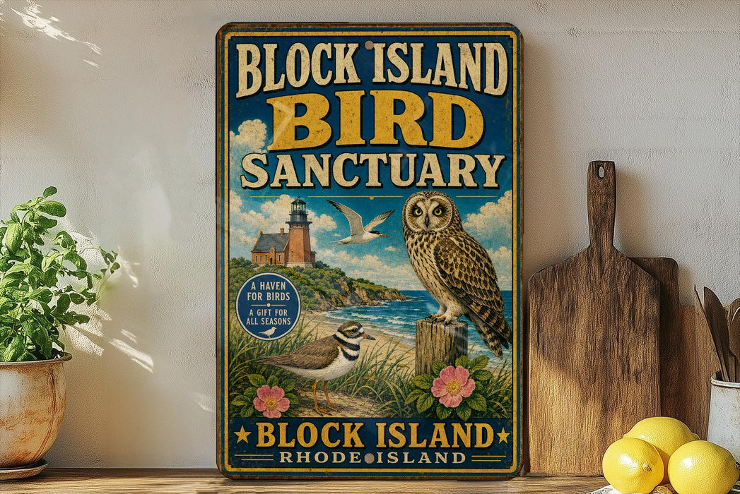 A vintage-style sign for the Block Island Bird Sanctuary in Rhode Island, featuring an illustration of a lighthouse, a bird, and a birdhouse.