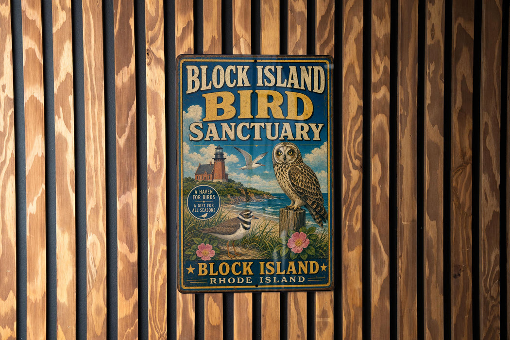 A vintage-style metal sign for the Block Island Bird Sanctuary in Rhode Island, featuring an illustration of an owl and a lighthouse.