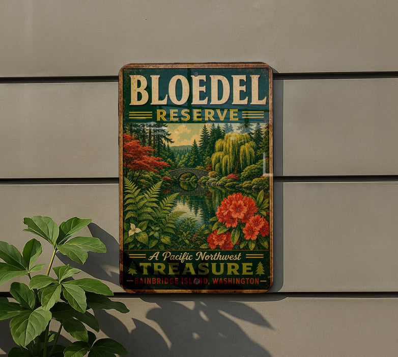 A vintage-style sign for Bloedel Reserve, featuring a lush forest landscape with colorful flowers and a tranquil pond.