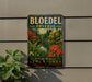 A vintage-style sign for Bloedel Reserve, featuring a lush forest landscape with colorful flowers and a tranquil pond.