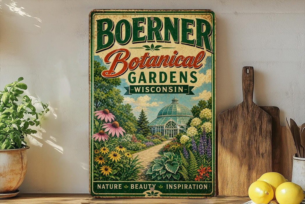 A vintage-style metal sign for Boerner Botanical Gardens in Wisconsin, featuring a lush garden scene with flowers, plants, and a greenhouse.