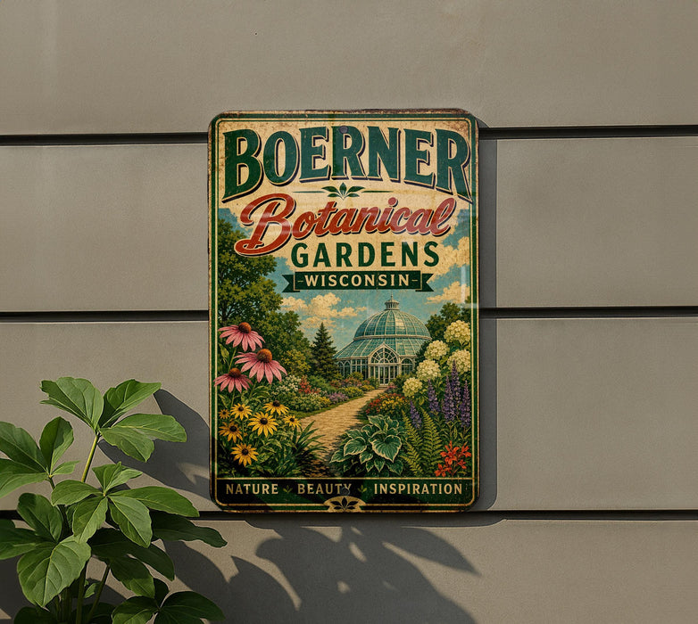 A vintage-style metal sign for Boerner Botanical Gardens in Wisconsin, featuring a lush garden scene with flowers, plants, and a greenhouse.
