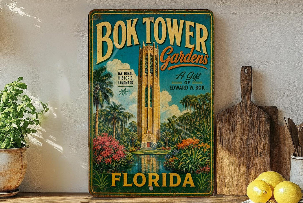 A vintage-style sign for the Bok Tower Gardens in Florida, featuring a tropical landscape with a tall tower and lush greenery.