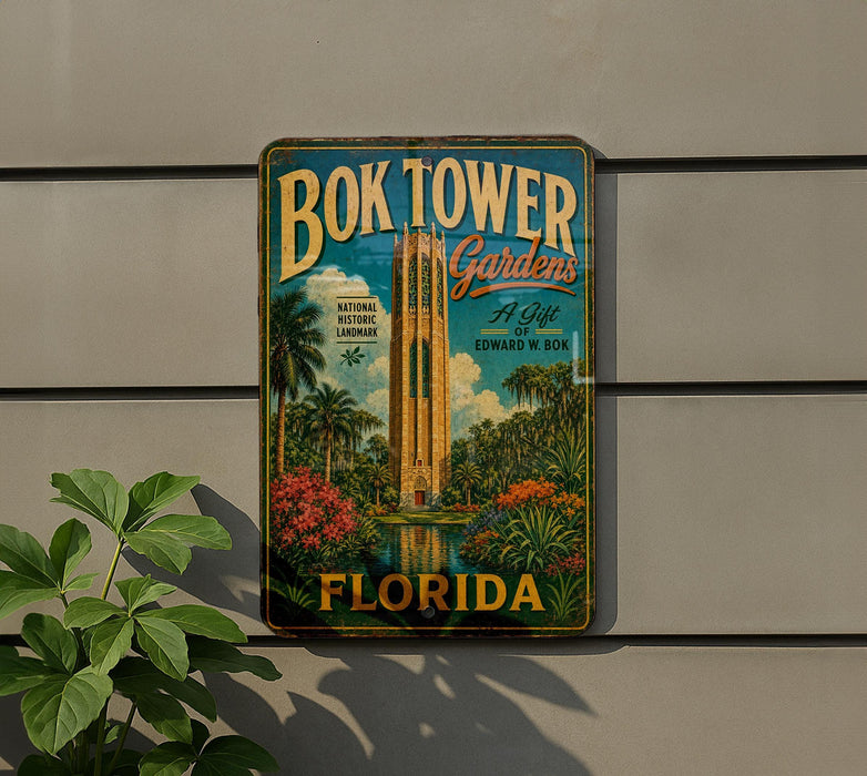 A vintage-style sign for the Bok Tower Gardens in Florida, featuring a tropical landscape with palm trees, flowers, and a large tower.