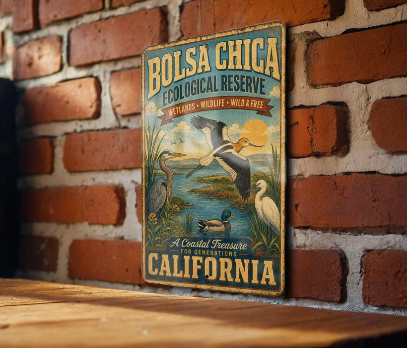 A vintage-style metal sign with a bird illustration and text, mounted on a brick wall.