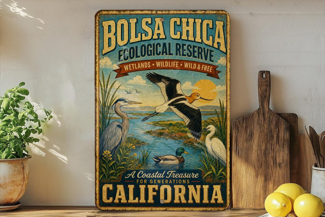 A vintage-style metal sign for the Bolsa Chica Ecological Reserve in California, featuring illustrations of various birds and wildlife in a natural setting.