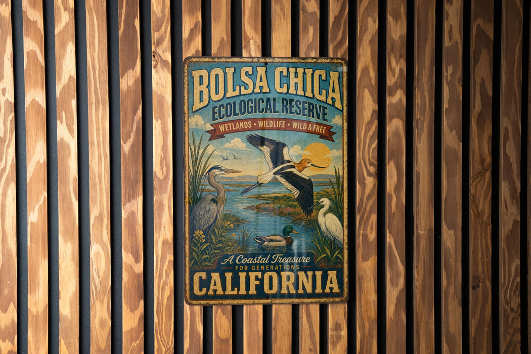 A vintage-style metal sign for the Bolsa Chica Ecological Reserve, featuring illustrations of various birds and wildlife, is displayed on a wooden wall.