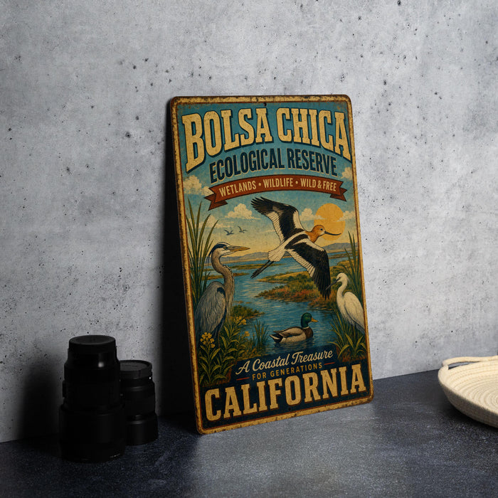 A vintage-style metal sign for the Bolsa Chica Ecological Reserve in California, featuring illustrations of birds and wildlife in a natural setting.