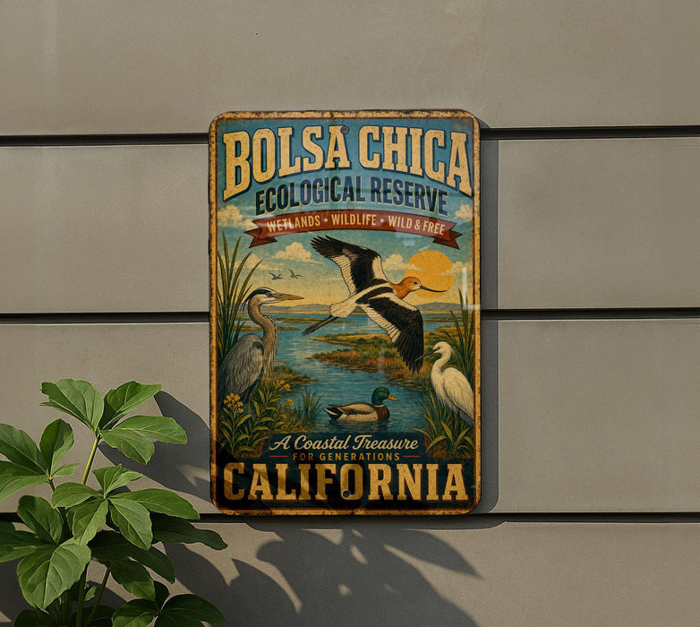 A vintage-style metal sign for the Bolsa Chica Ecological Reserve in California, featuring illustrations of various birds and wildlife.