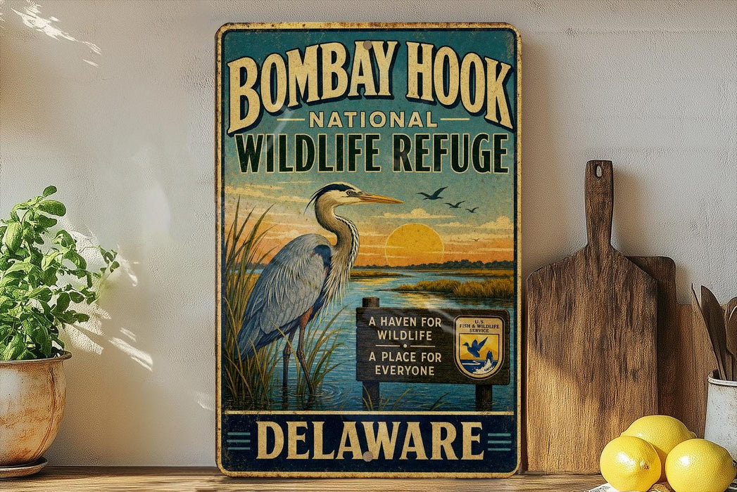 A vintage-style metal sign for the Bombay Hook National Wildlife Refuge in Delaware, featuring an illustration of a heron and a sunset over a body of water.