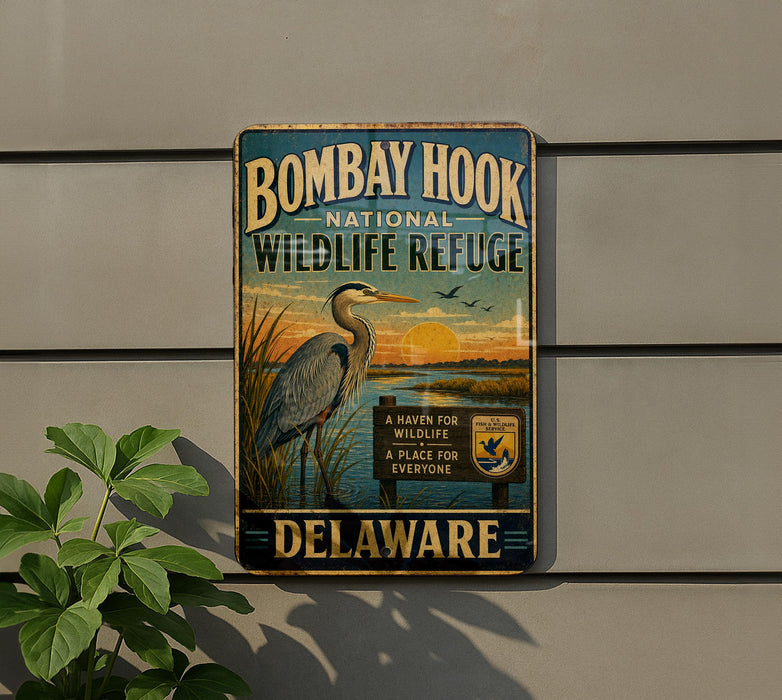 A vintage metal sign for the Bombay Hook National Wildlife Refuge in Delaware, featuring a large blue heron and a sunset landscape.