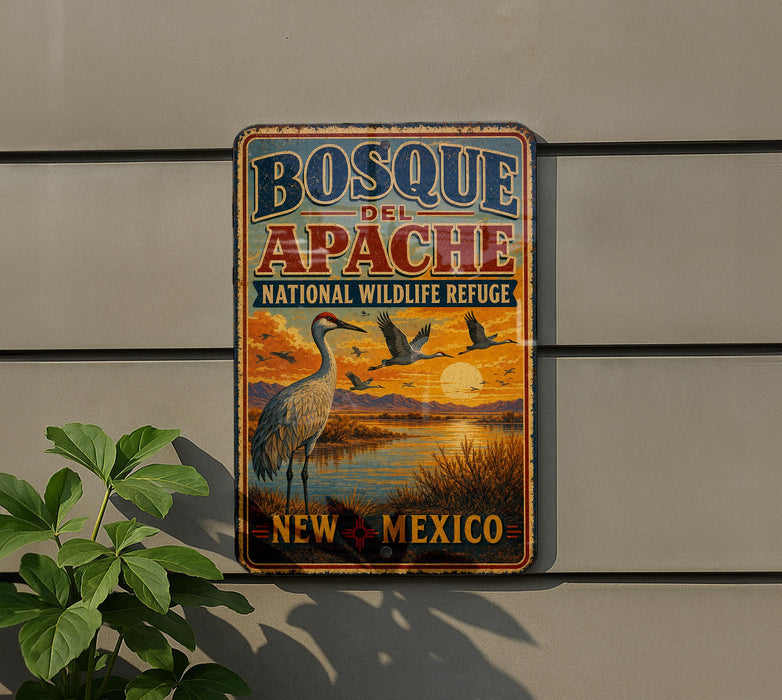 A vintage metal sign for Bosque del Apache National Wildlife Refuge in New Mexico, featuring an illustration of a crane and a sunset landscape.