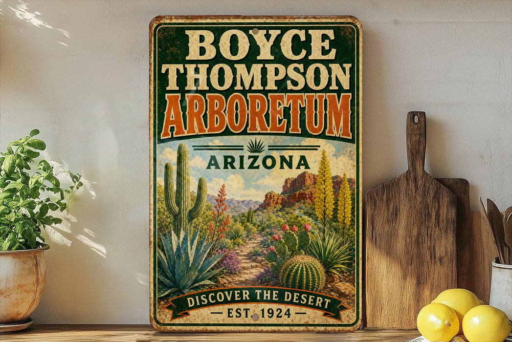A vintage-style metal sign for the Boyce Thompson Arboretum in Arizona, featuring a desert landscape with cacti and other desert plants.