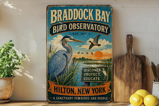 A vintage-style metal sign for the Braddock Bay Bird Observatory in New York, featuring an illustration of a blue heron and a sign that says "Discover, Protect, Educate" in a rustic style.