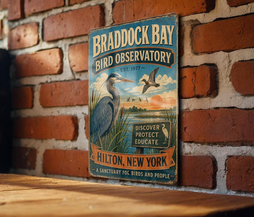A vintage-style metal sign for the Braddock Bay Bird Observatory, featuring a large blue heron and the text "Discover, Protect, Educate" along with the location "Hilton, New York".