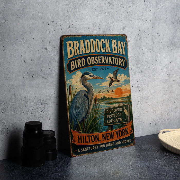 A vintage-style metal sign for the Braddock Bay Bird Observatory, featuring an illustration of a blue heron and birds in flight, with text promoting the sanctuary for birds and people.
