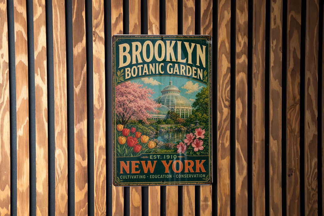 A vintage-style metal sign for the Brooklyn Botanic Garden, featuring a colorful illustration of the garden and a dome-shaped building.
