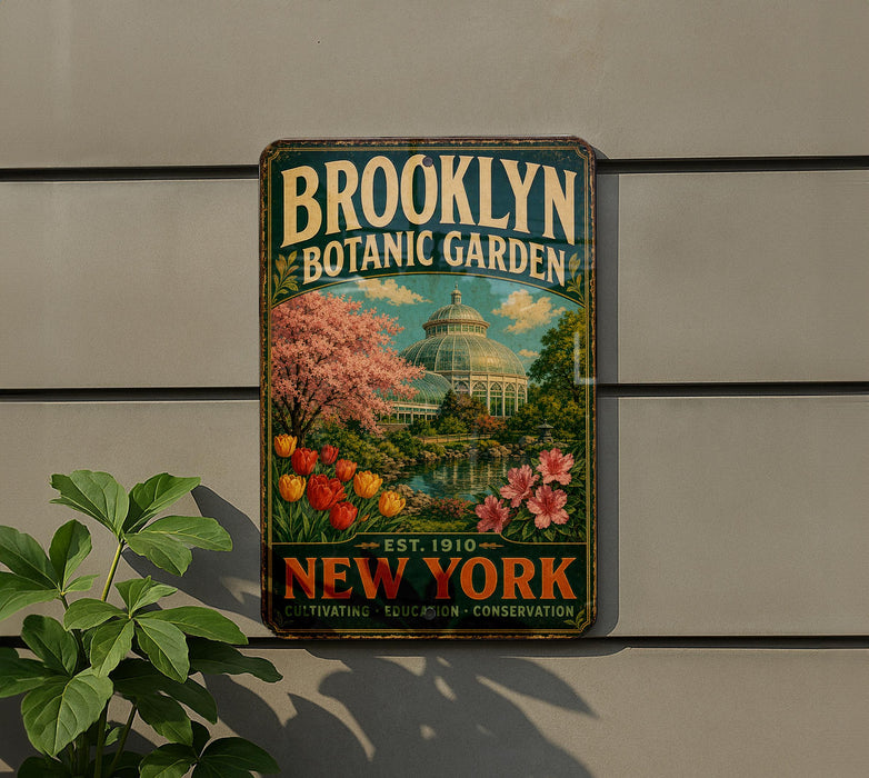 A vintage-style metal sign for the Brooklyn Botanic Garden, featuring a colorful illustration of the garden and a dome-shaped building.