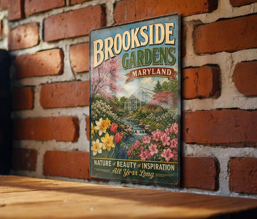 A vintage-style metal sign for "Brookside Gardens Maryland" is displayed on a brick wall, featuring a garden scene with flowers and a greenhouse.