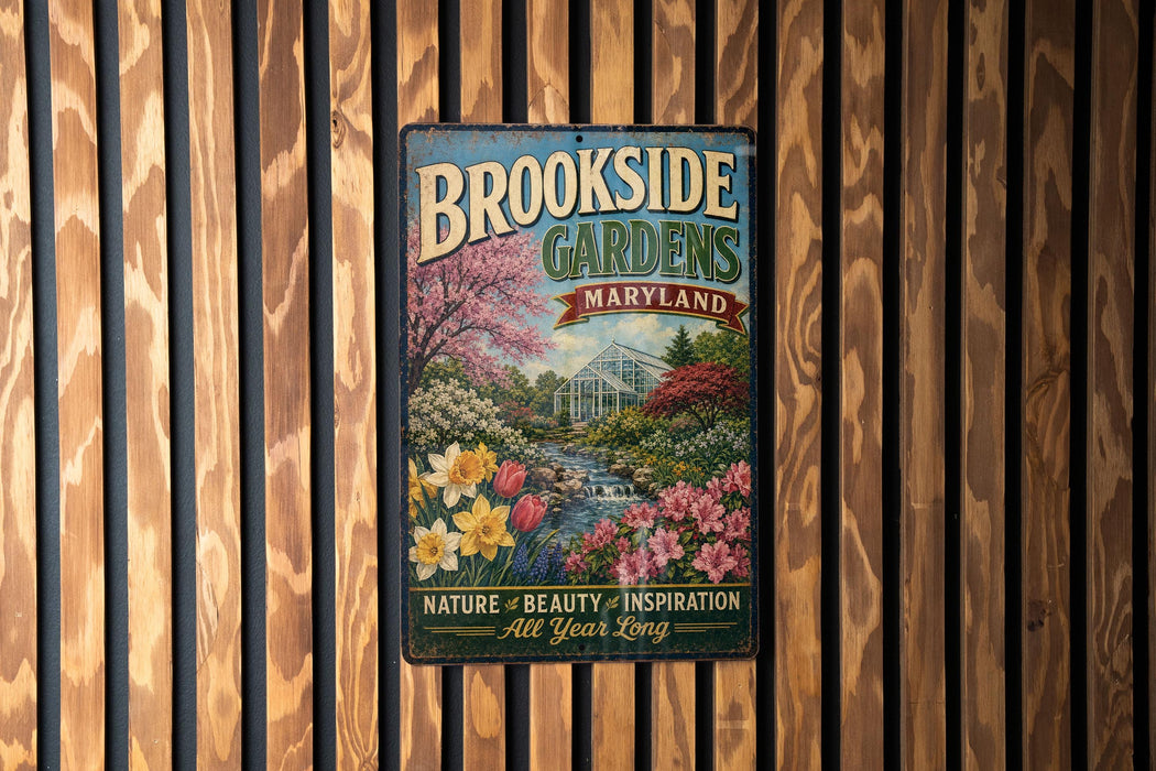 A vintage metal sign for "Brookside Gardens Maryland" is displayed on a wooden wall.