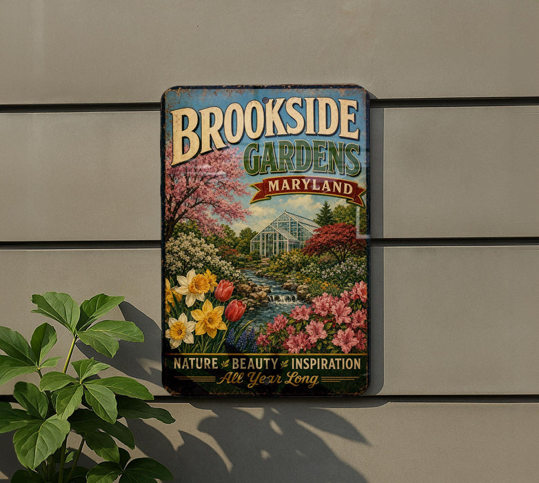 A vintage-style metal sign for "Brookside Gardens Maryland" is displayed on a wall, featuring a garden scene with colorful flowers and a building.