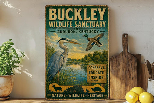 A vintage-style sign for the Buckley Wildlife Sanctuary in Audubon, Kentucky, featuring illustrations of a heron and ducks in a natural setting.