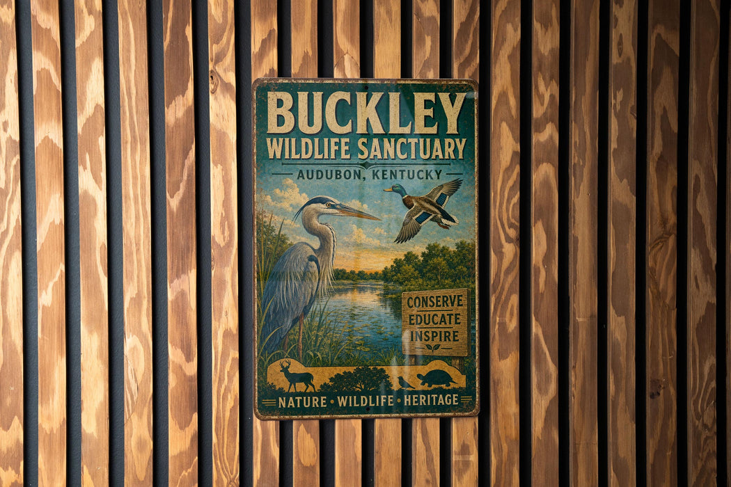 A vintage metal sign for the Buckley Wildlife Sanctuary in Audubon, Kentucky, featuring an illustration of a heron and a duck.