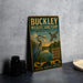 A vintage-style metal sign for the Buckley Wildlife Sanctuary, featuring an illustration of a bird and a lake, is displayed on a gray concrete surface.