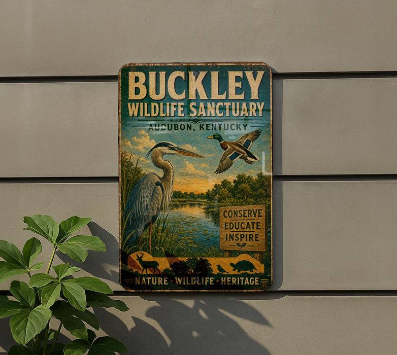 A vintage metal sign for the Buckley Wildlife Sanctuary in Aucubon, Kentucky, featuring an illustration of a heron and ducks in a natural setting.