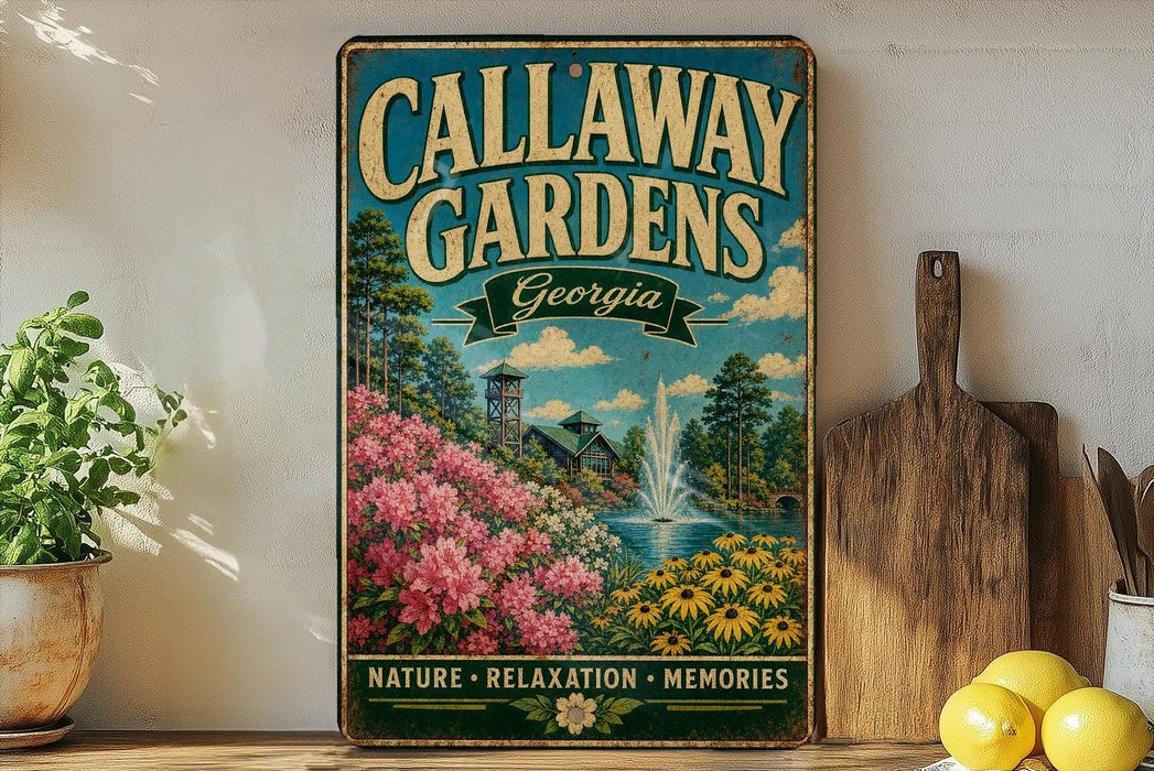A vintage metal sign for Callaway Gardens in Georgia, featuring a scenic landscape with a fountain and flowers, is displayed on a shelf next to a wooden cutting board and some potted plants.
