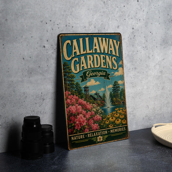 A vintage metal sign for Callaway Gardens in Georgia, featuring a scenic landscape with a fountain and flowers, is displayed on a gray countertop next to a stack of black camera lenses.