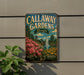 A vintage metal sign for Callaway Gardens in Georgia, featuring a scenic landscape with a pond, flowers, and a fountain.